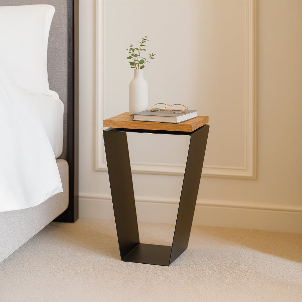 Side Table / Natural Hardwood Top / Solid Metal / V-Shape