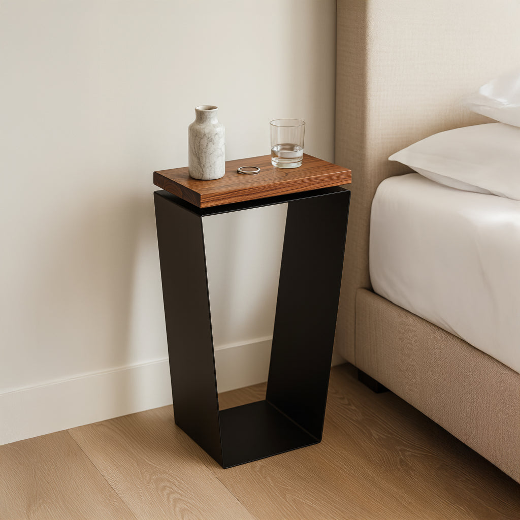 Side Table / Natural Hardwood Top / Solid Metal / V-Shape