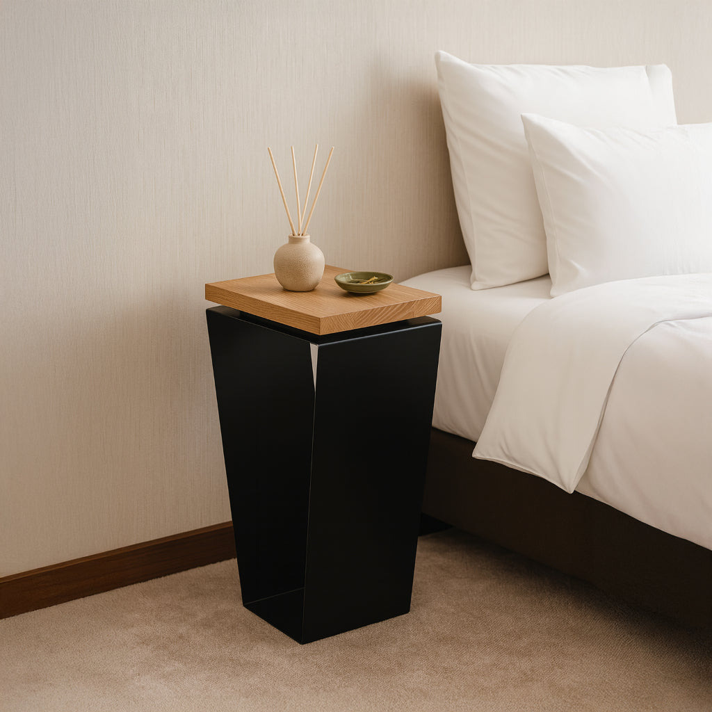 Side Table / Natural Hardwood Top / Solid Metal / V-Shape