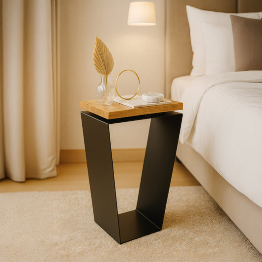 Side Table / Natural Hardwood Top / Solid Metal / V-Shape