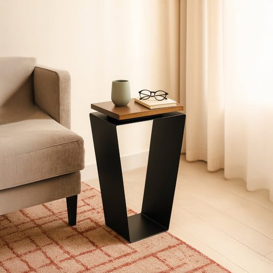 Side Table / Natural Pine Top / Solid Metal / V-Shape